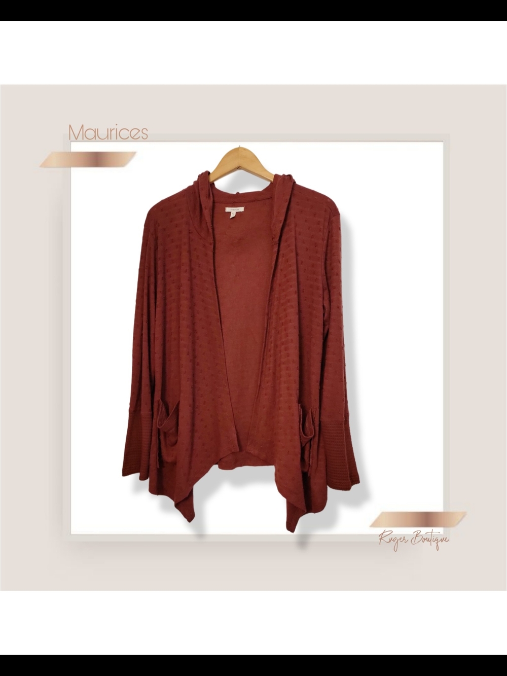🌿Maurices Terra Cotta Textured Open Front Hooded Cardigan Sweater Women's L - Picture 3 of 11